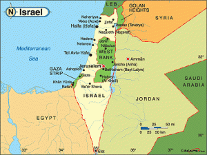 Map showing the geographic location of this conflict. Next to Arab countries, and on the western side of The Middle East. This map also shows the amount of land Palestine owns today.